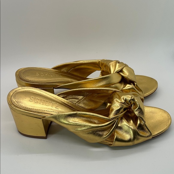 Schutz Dazzling Gold Block Heel Slide Mindy Mules Sandals Shoes **Size 7.5** 🌟🌟 - Picture 4 of 11
